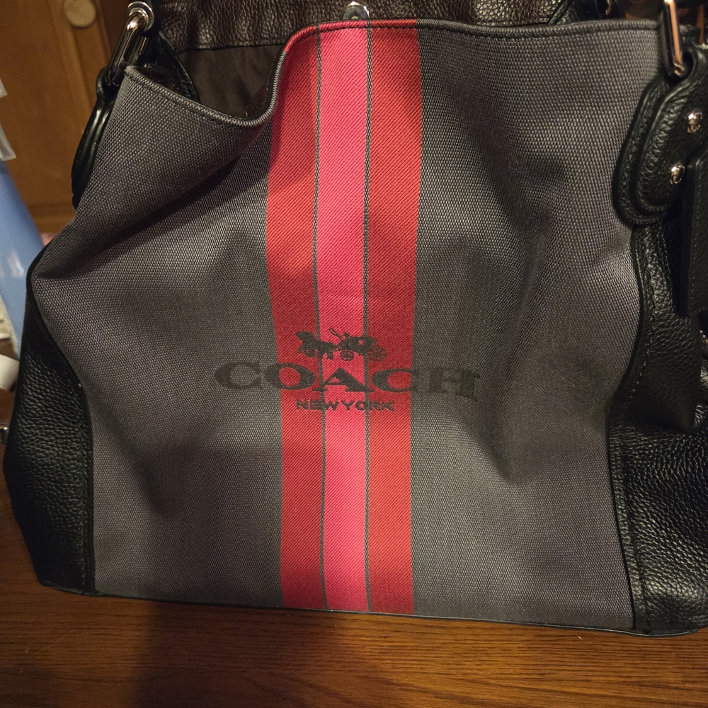 Coach Women's Gray Tote with Red And Pink Stripe, Coach Edie W/ Carriage Horse.